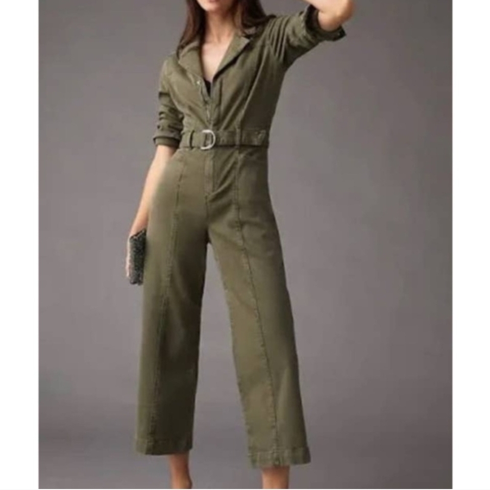 JasonWu Army Green Utility Cargo Wide Leg High Rise Belted Cotton Jumpsuits Sz S - Picture 3 of 16